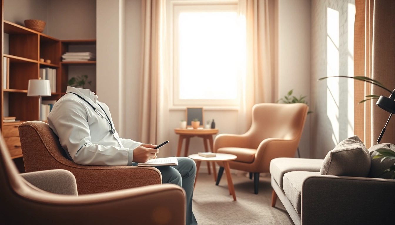 Psychologist in a warm therapy room, creating a calming atmosphere for clients.