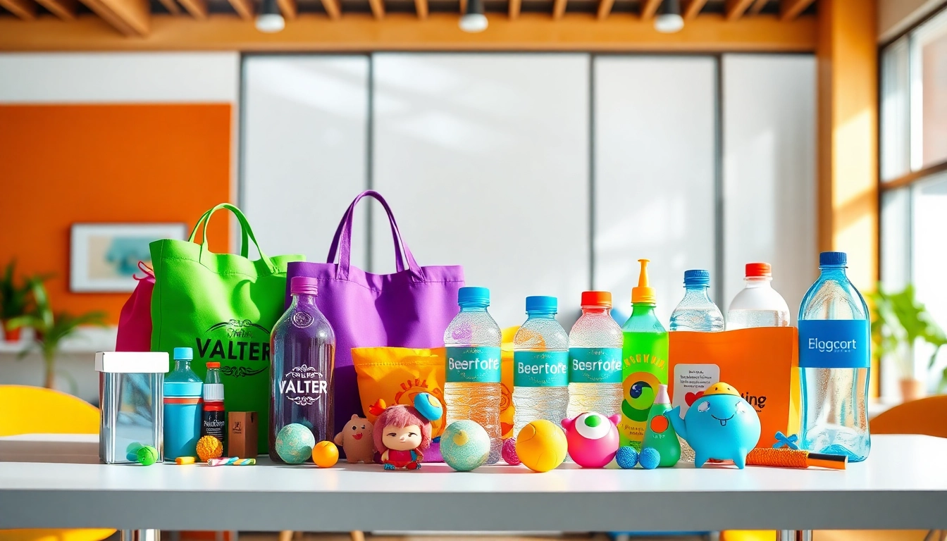Showcasing vibrant giveaways & promotions, including colorful tote bags, water bottles, and stress toys.