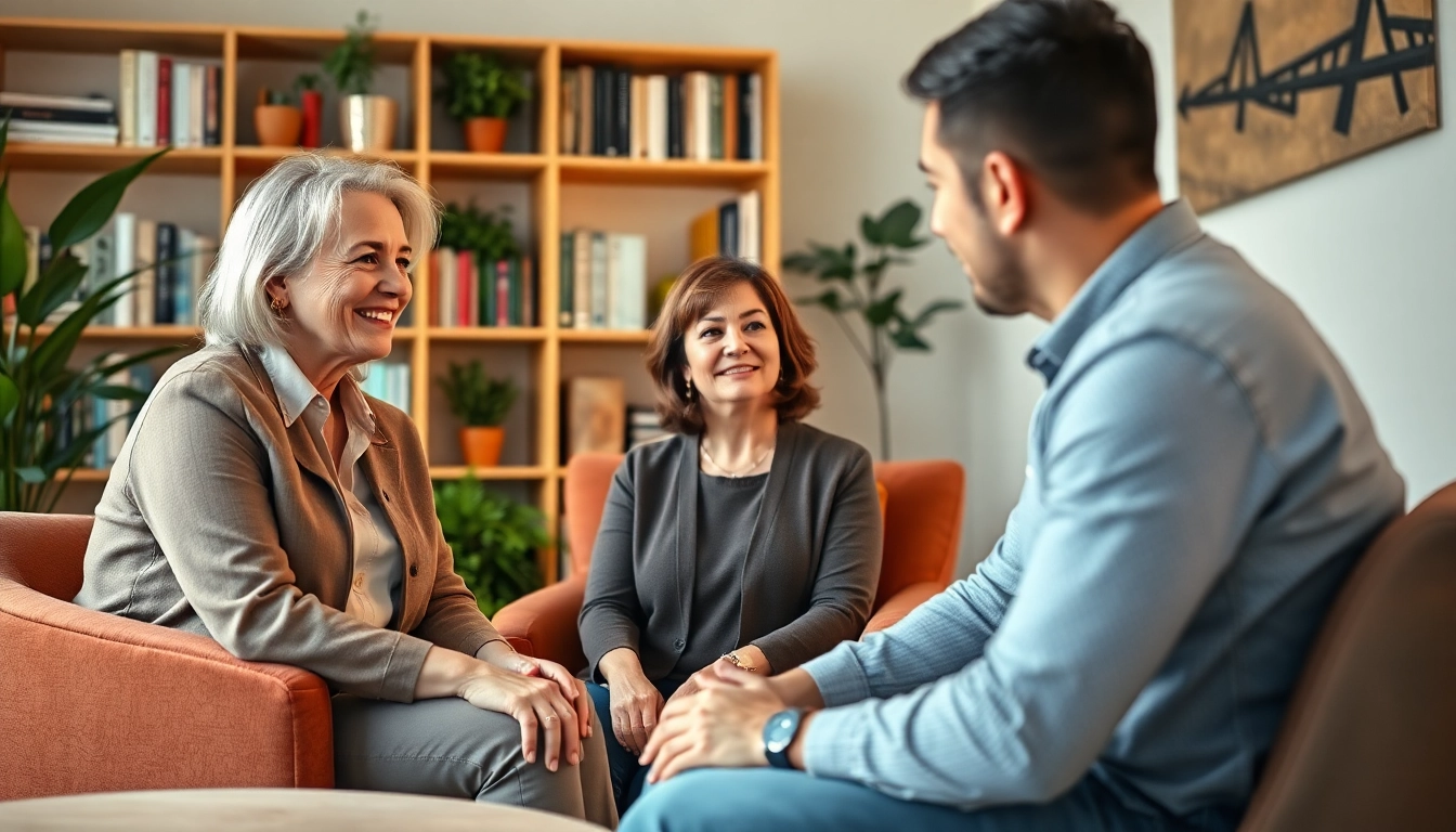 Engaging relationship coach guides a couple in a warm, inviting office.