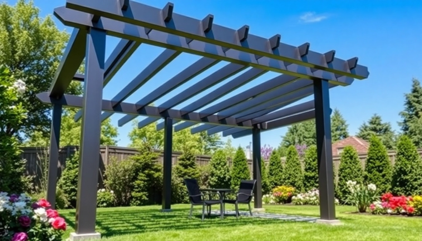 Enhance your outdoor space with a beautiful modern steel pergola surrounded by vibrant greenery.