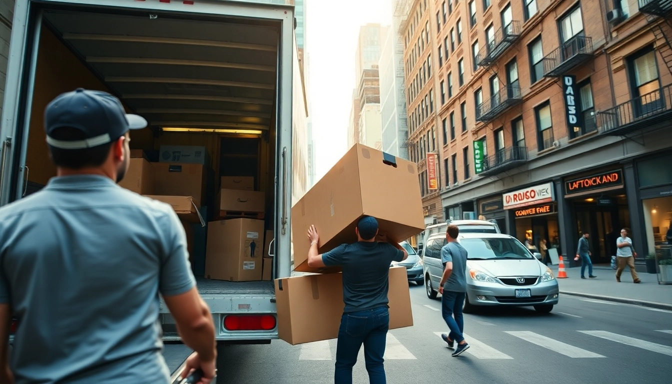 Movers nyc efficiently loading boxes onto a truck against the lively NYC backdrop.