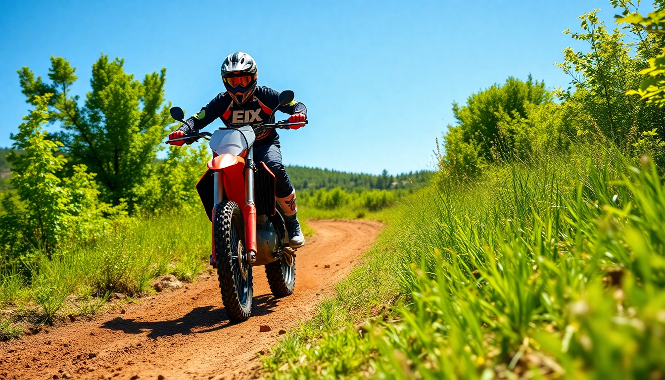 Rider conquering a challenging motocross trail with vibrant greenery and blue sky.