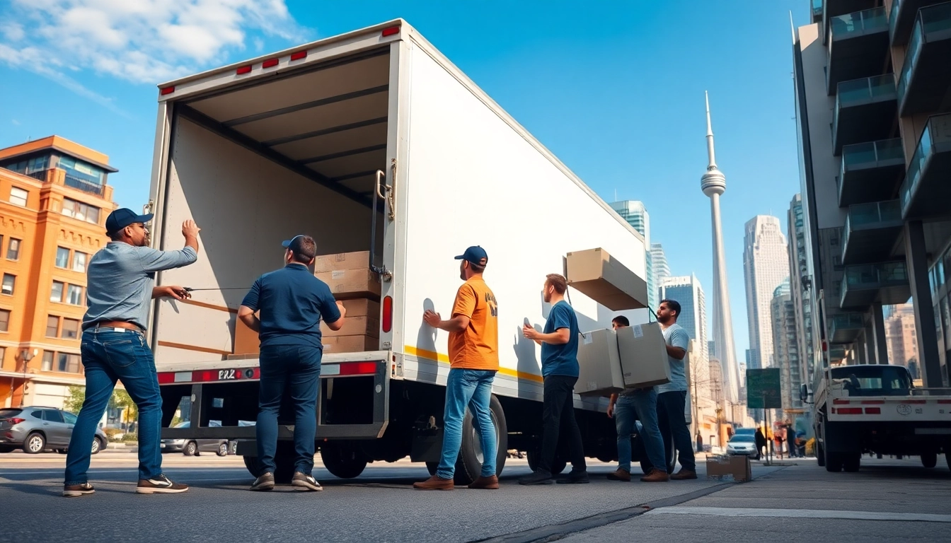 Movers in Toronto loading a truck with vibrant city backdrop showcasing teamwork and professionalism.